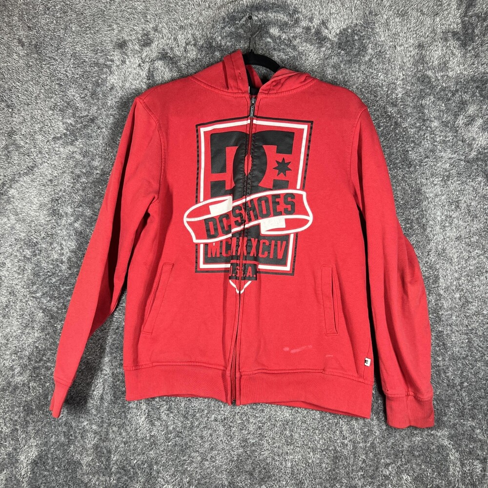 DC Shoes Hoodie Mens M Red Full Zip Hooded Lined Graphic Print Fleece Logo